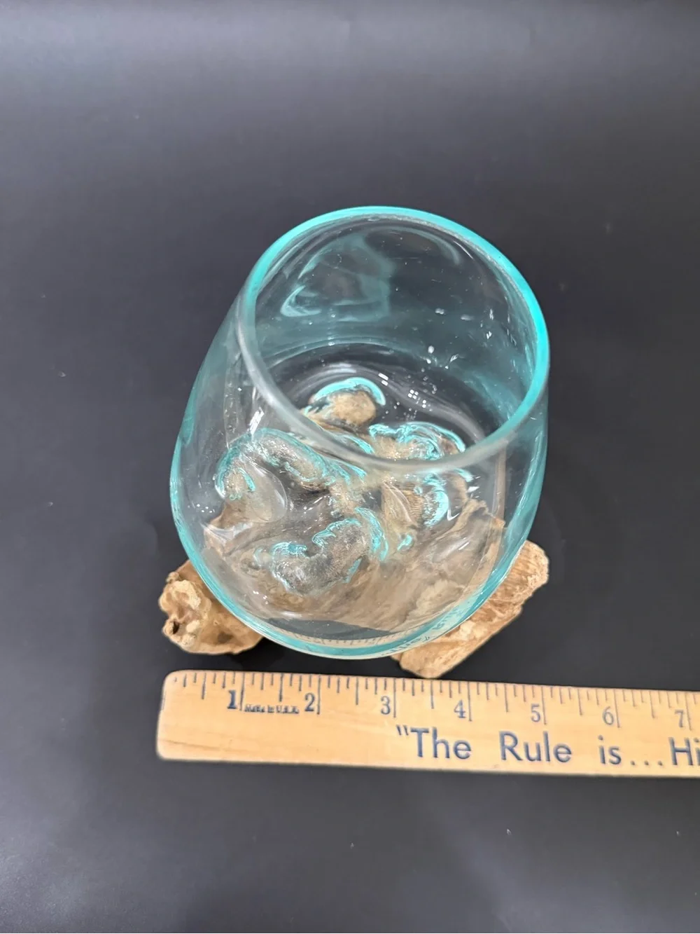 Handcrafted Molten Glass Vase Bowl on Custom Molded Organic Teak Driftwood Base